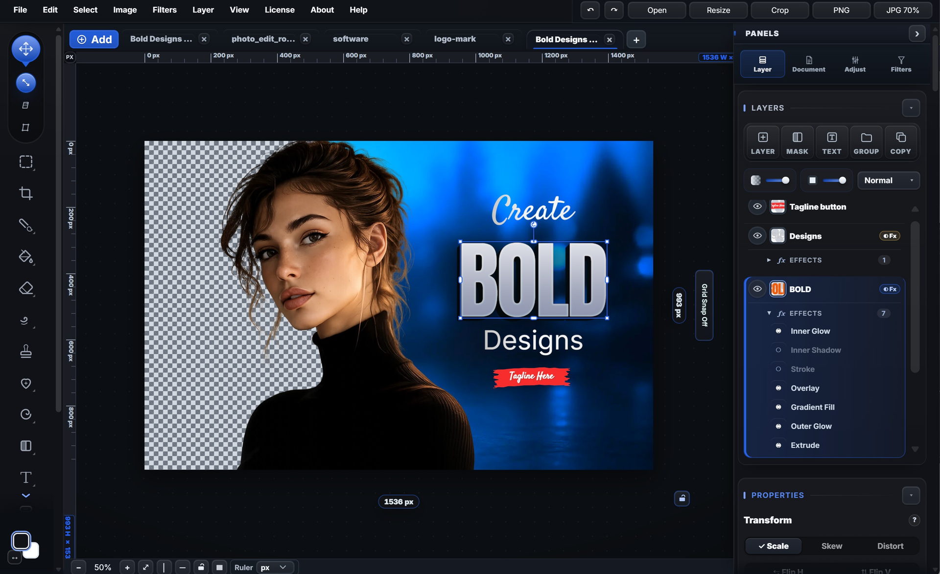 The PhotoEditR editor with a layered design open: layers panel, effects list and the canvas